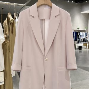 Elegant Nude Pink Blazer Jacket for Women - Thin Summer Style with Three-Quarter Sleeves, Trendy Fashion 2025