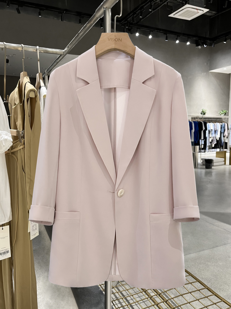 Elegant Nude Pink Blazer Jacket for Women - Thin Summer Style with Three-Quarter Sleeves, Trendy Fashion 2025 Elegant Nude Pink Blazer Jacket for Women - Thin Summer Style with Three-Quarter Sleeves, Trendy Fashion 2025