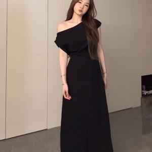 Elegant Off-Shoulder Long Black Dress for Women - Plus Size Summer Style, Flattering for Curvy Figures, Cinched Waist Design