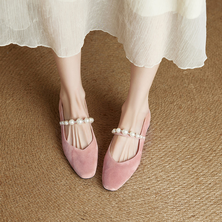 Elegant Pearl Mary Jane Shoes for Women - French Style Suede Square Toe Wedge Heels, Chic Fashion Footwear for Any Occasion