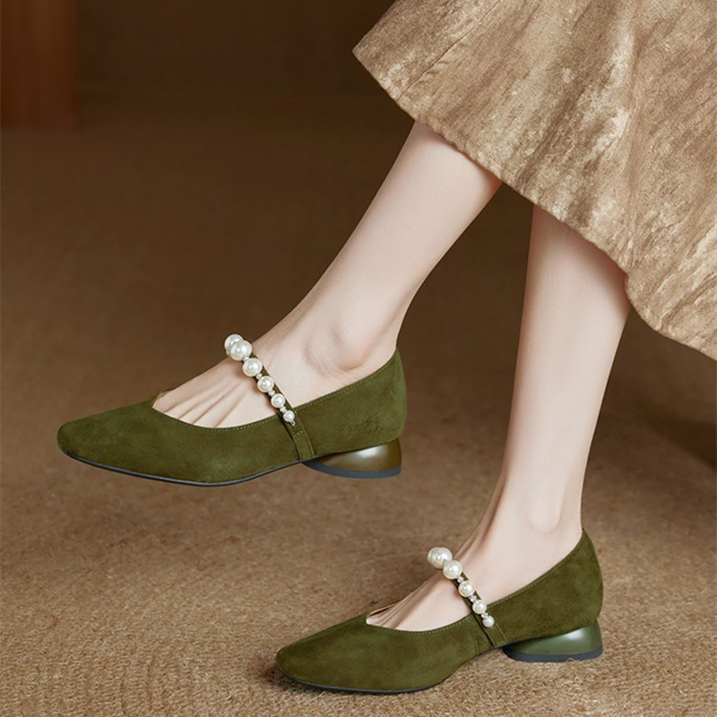 Elegant Pearl Mary Jane Shoes for Women - French Style Suede Square Toe Wedge Heels, Chic Fashion Footwear for Any Occasion