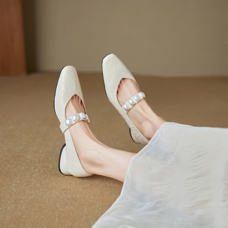 Elegant Pearl One-Strap Mary Jane Shoes for Women - Versatile Shallow Mouth Flats, Chic Italian Style