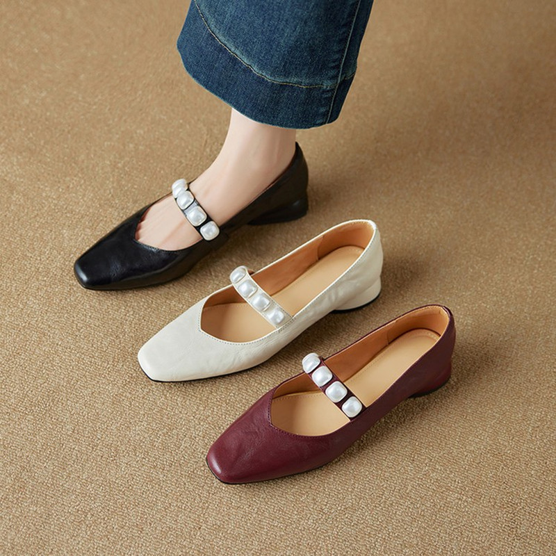 Elegant Pearl One-Strap Mary Jane Shoes for Women - Versatile Shallow Mouth Flats, Chic Italian Style