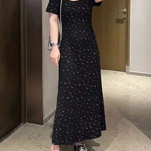 Elegant Plus Size Floral Maxi Dress - French Style, Waist-Cinching Design, Flattering Short Sleeves for Summer Curvy Fashion