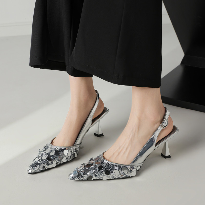 Elegant Pointed-Toe Heeled Sandals for Women with Sequins and Open Back - Italian Style Evening Footwear