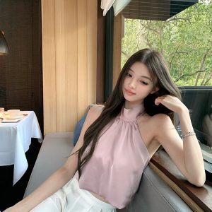 Elegant Purple Backless Halter Top Sleeveless Vest for Women - Summer Imitation Acetate Tank - Chic Y2K Style