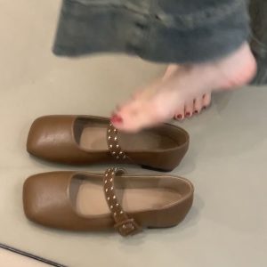 Elegant Retro Mary Jane Shoes for Women - Sheepskin French Square-Toe Flat Ballet Shoes with Shallow Strap, Y2K Style
