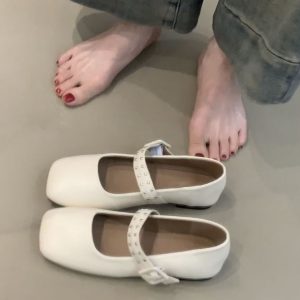 Elegant Retro Mary Jane Shoes for Women - Sheepskin French Square-Toe Flat Ballet Shoes with Shallow Strap, Y2K Style