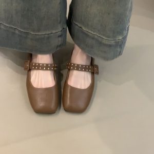Elegant Retro Mary Jane Shoes for Women - Sheepskin French Square-Toe Flat Ballet Shoes with Shallow Strap, Y2K Style