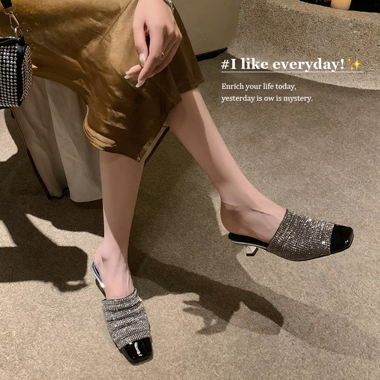 Elegant Rhinestone High-Heeled Sandals for Women - French Style Closed-Toe Half Slippers - Light Luxury Fashion Trend