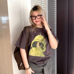 Elegant Round Neck Short Sleeve Dog Print T-Shirt for Women - Versatile Spring/Summer Fashion Top, Perfect for Casual 90s Y2K Style