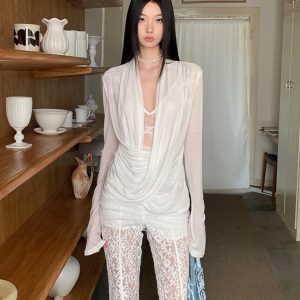 Elegant Sexy Crossed Drape Neck Lace Spliced Top for Women - Early Autumn Fashion