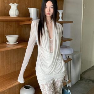 Elegant Sexy Crossed Drape Neck Lace Spliced Top for Women - Early Autumn Fashion