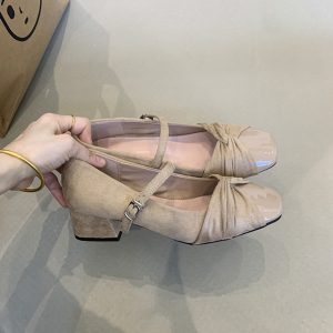 Elegant Sheepskin Square Toe Mary Jane Shoes for Women - French Style High-Heeled Chunky Heel Flats in Gentle Fairy Aesthetic