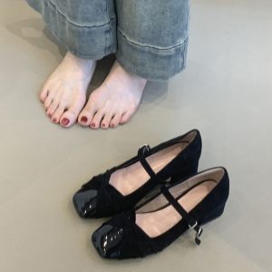 Elegant Sheepskin Square Toe Mary Jane Shoes for Women - French Style High-Heeled Chunky Heel Flats in Gentle Fairy Aesthetic