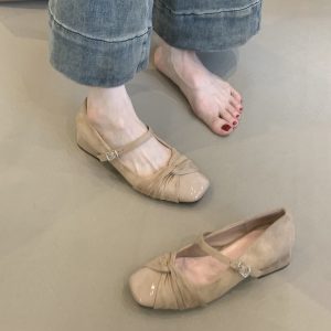 Elegant Sheepskin Square Toe Mary Jane Shoes for Women - French Style High-Heeled Chunky Heel Flats in Gentle Fairy Aesthetic