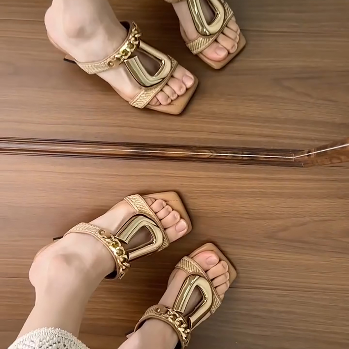 Elegant Sheepskin Wedge Sandals for Women - Metal Buckle, Square Toe, Open-Toe High-Heeled Slides, French Vacation Style