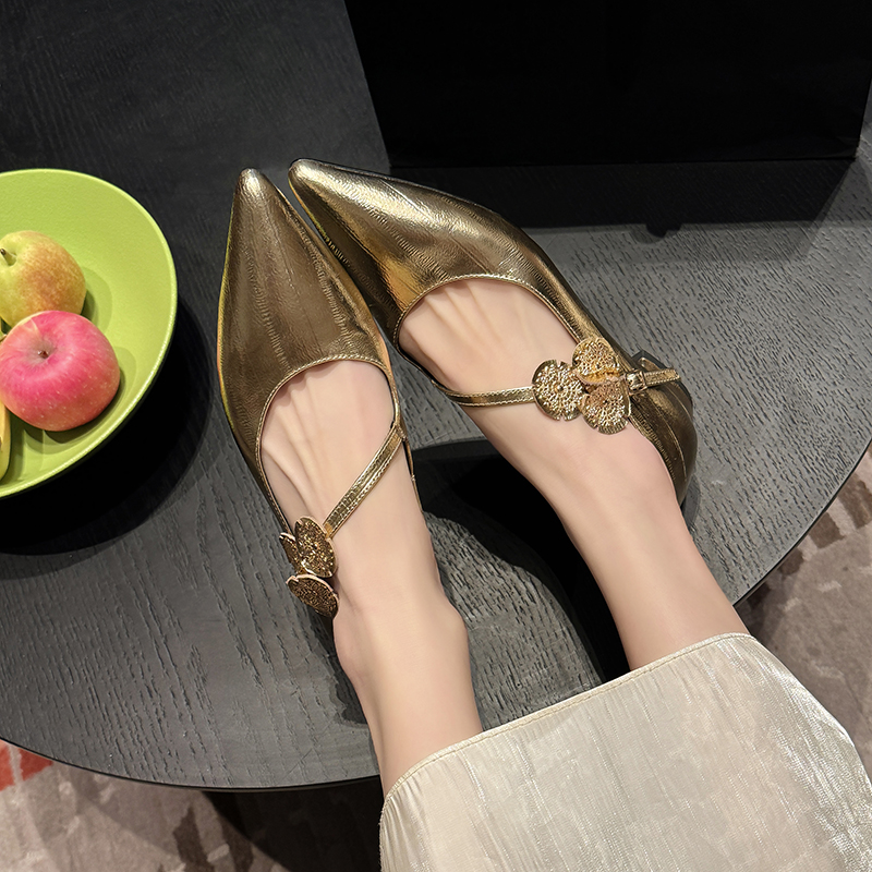 Elegant Silver Genuine Leather Pointed Toe Low-Heeled Mary Jane Flats - Italian Style, Classic Fashion Footwear