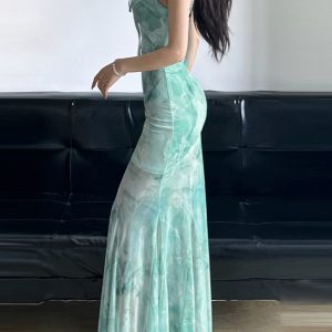 Elegant Sparkling Blue Fish Tail Long Dress for Women - Strapless & Spaghetti Strap, Waist-Cinching, Body-Shaping, Y2K Style