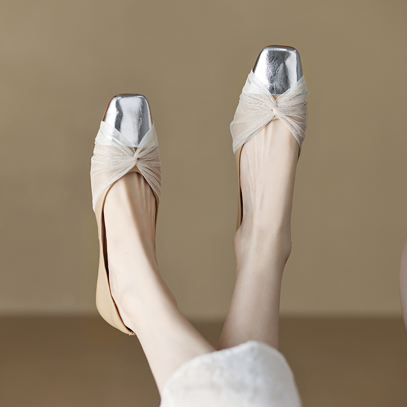 Elegant Square-Toe Flat Shoes for Women - French Artistic Color-Blocking Design in Genuine Leather and Mesh for Spring Style