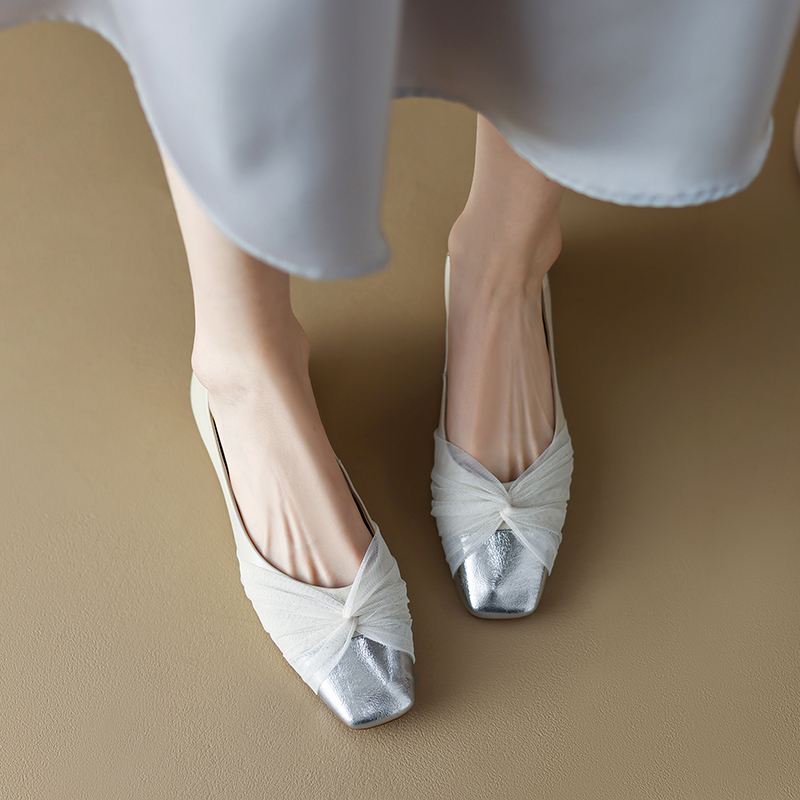 Elegant Square-Toe Flat Shoes for Women - French Artistic Color-Blocking Design in Genuine Leather and Mesh for Spring Style Elegant Square-Toe Flat Shoes for Women - French Artistic Color-Blocking Design in Genuine Leather and Mesh for Spring Style