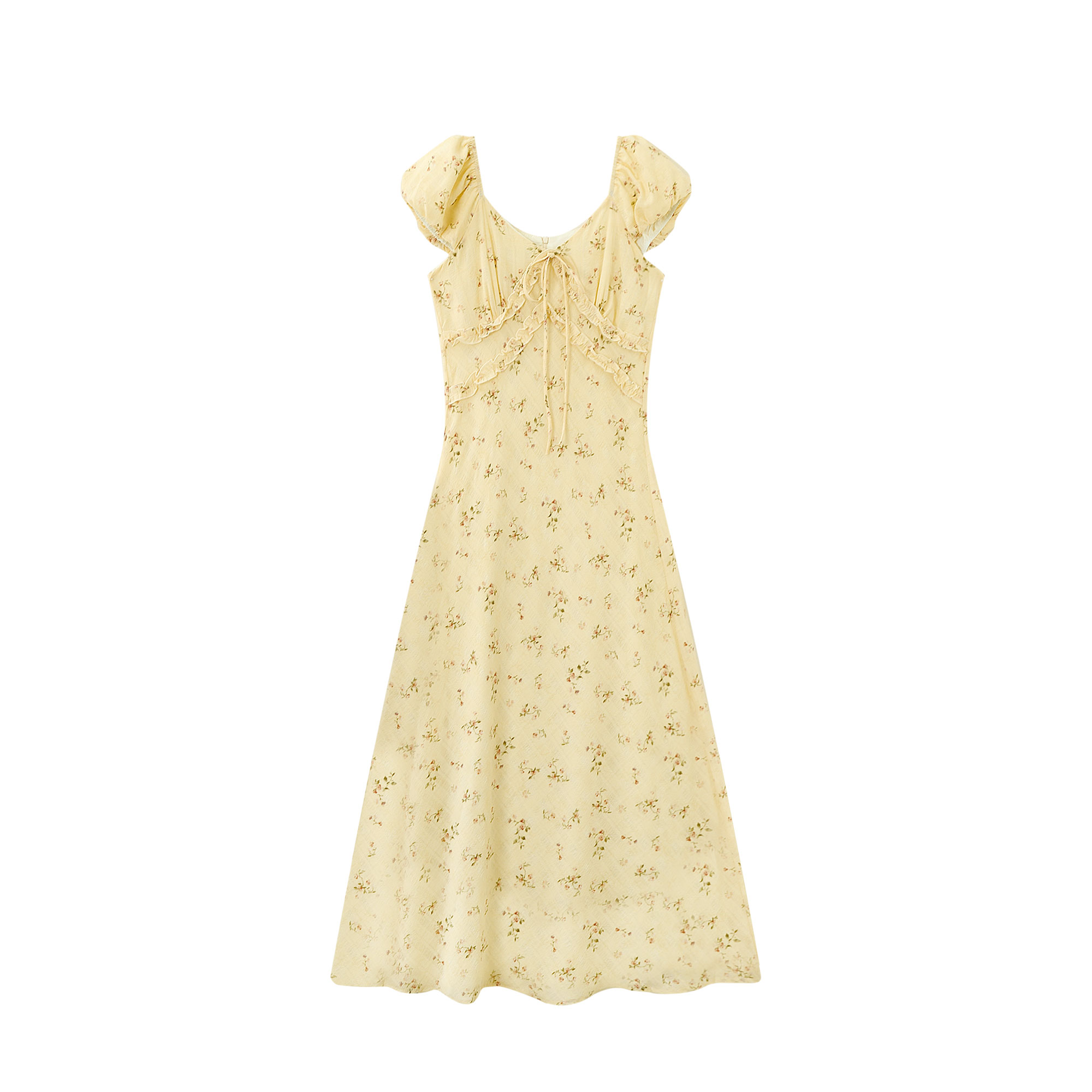 Elegant V-neck Floral Tea Break Dress - Slimming Waist-Defined Design, French Romantic Style, Yellow, Perfect for 90s & Y2K Fashion