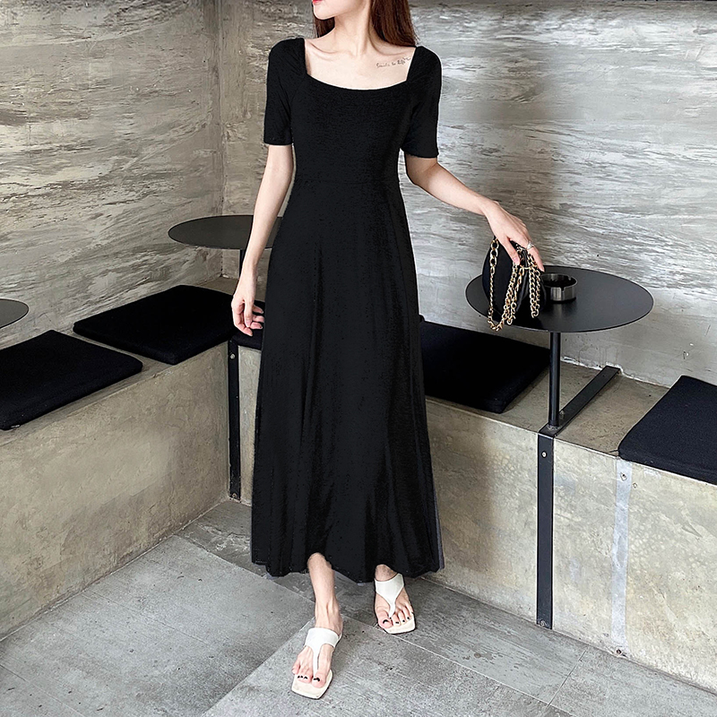 Elegant Vintage A-Line Dress with Flared Hem, Slimming Mid-Sleeves, High-Waisted Ribbed Cotton for Summer 2025