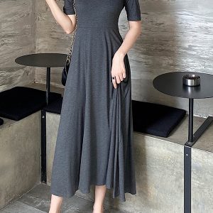 Elegant Vintage A-Line Dress with Flared Hem, Slimming Mid-Sleeves, High-Waisted Ribbed Cotton for Summer 2025