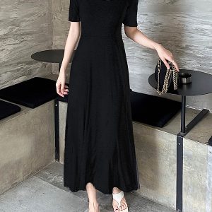 Elegant Vintage A-Line Dress with Flared Hem, Slimming Mid-Sleeves, High-Waisted Ribbed Cotton for Summer 2025