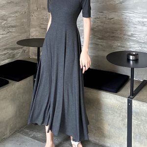 Elegant Vintage A-Line Dress with Flared Hem, Slimming Mid-Sleeves, High-Waisted Ribbed Cotton for Summer 2025