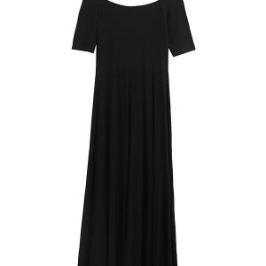 Elegant Vintage A-Line Dress with Flared Hem, Slimming Mid-Sleeves, High-Waisted Ribbed Cotton for Summer 2025