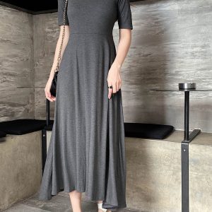 Elegant Vintage A-Line Dress with Flared Hem, Slimming Mid-Sleeves, High-Waisted Ribbed Cotton for Summer 2025