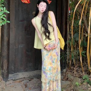 Elegant White Sleeveless Top with Pleated Tassel Skirt - Spring Summer Women's Fashion, Miyake Style, Chic and Trendy Look