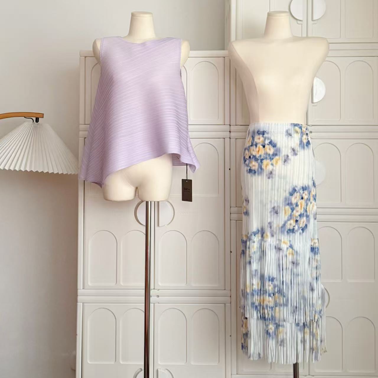 Elegant White Sleeveless Top with Pleated Tassel Skirt - Spring Summer Women's Fashion, Miyake Style, Chic and Trendy Look