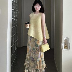 Elegant White Sleeveless Top with Pleated Tassel Skirt - Spring Summer Women's Fashion, Miyake Style, Chic and Trendy Look