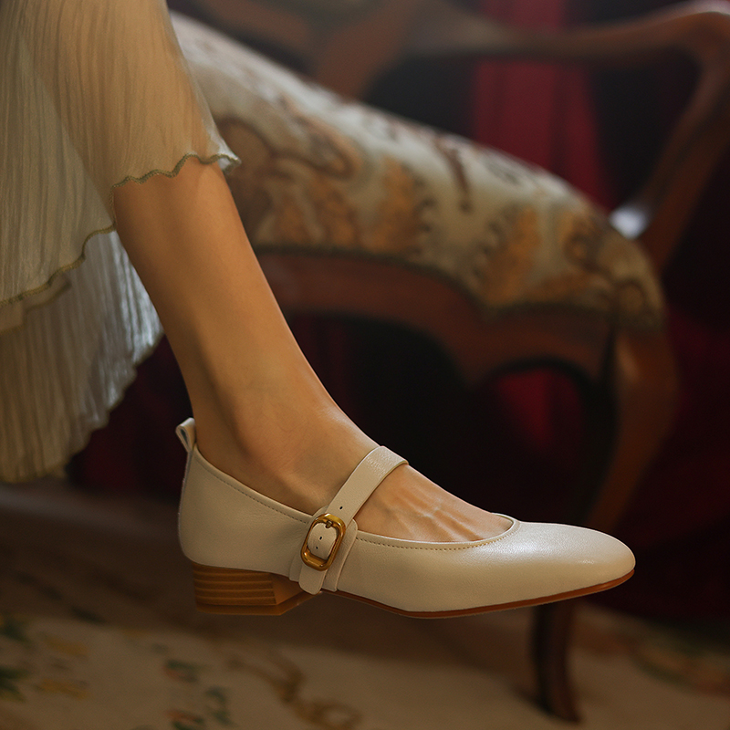 Elegant Women's Genuine Leather French Artistic Mid-Heel Round-Toe Mary Jane Flats - Stylish College Chic Footwear