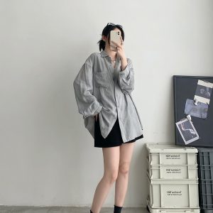 Elegant Women's Long Sleeve Tie-Dye Shirt in Sun Grapefruit with Lapel, Casual Loose Fit, Summer Sun-Protective Style