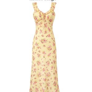 Elegant Yellow Floral Slip Dress for Women - 2025 Summer Style, Long Design for Chic 90s Vintage Vibes