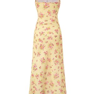 Elegant Yellow Floral Slip Dress for Women - 2025 Summer Style, Long Design for Chic 90s Vintage Vibes