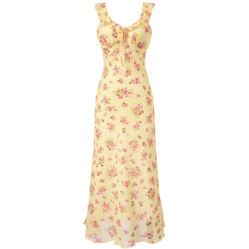 Elegant Yellow Floral Slip Dress for Women - 2025 Summer Style, Long Design for Chic 90s Vintage Vibes