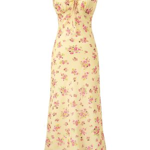 Elegant Yellow Floral Slip Dress for Women - 2025 Summer Style, Long Design for Chic 90s Vintage Vibes