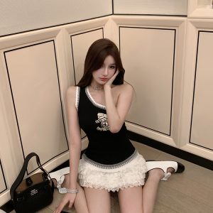 Embellished Sequin Sleeveless Fitted Top with Diagonal Shoulder and Bow - Trendy Party Wear for Y2K and 90s Style