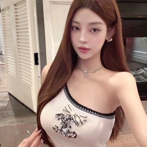 Embellished Sequin Sleeveless Fitted Top with Diagonal Shoulder and Bow - Trendy Party Wear for Y2K and 90s Style