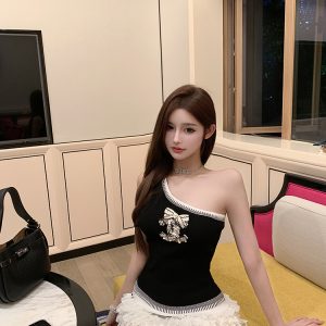 Embellished Sequin Sleeveless Fitted Top with Diagonal Shoulder and Bow - Trendy Party Wear for Y2K and 90s Style