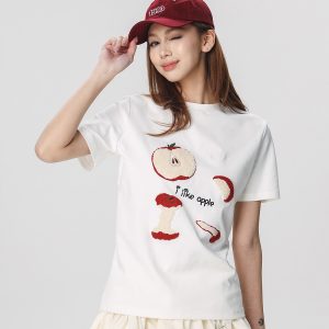 Embroidered Apple Short Sleeve T-Shirt for Women - Summer 2025 Beer Captain American Style Top