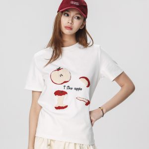 Embroidered Apple Short Sleeve T-Shirt for Women - Summer 2025 Beer Captain American Style Top