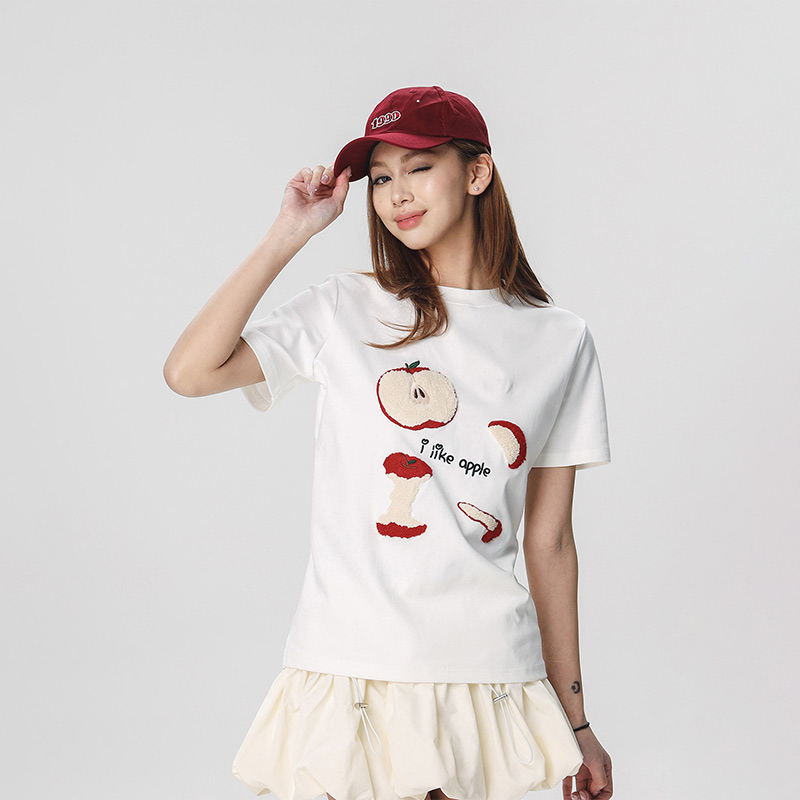Embroidered Apple Short Sleeve T-Shirt for Women - Summer 2025 Beer Captain American Style Top