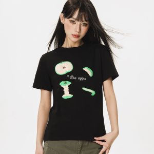 Embroidered Apple Short Sleeve T-Shirt for Women - Summer 2025 Beer Captain American Style Top