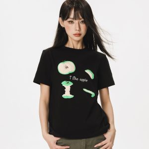 Embroidered Apple Short Sleeve T-Shirt for Women - Summer 2025 Beer Captain American Style Top