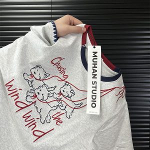 Embroidered Cartoon Color-Blocking Short-Sleeve T-Shirt for Women - Summer 2023 Trendy Cotton Top